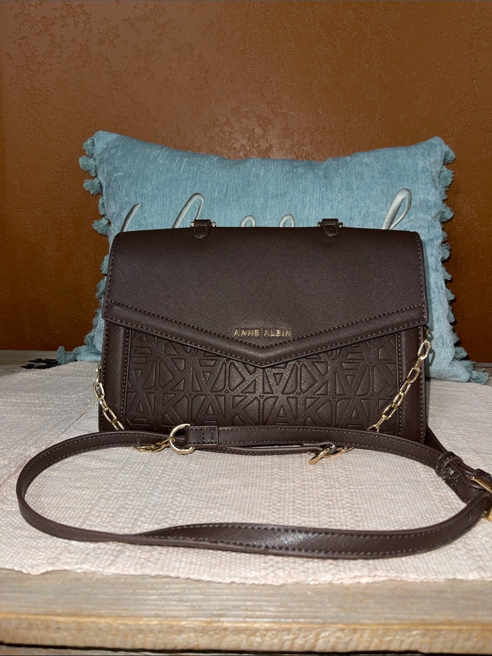 Anne Klein Dark Brown Logo-Embossed Crossbody Bag with Gold Chain